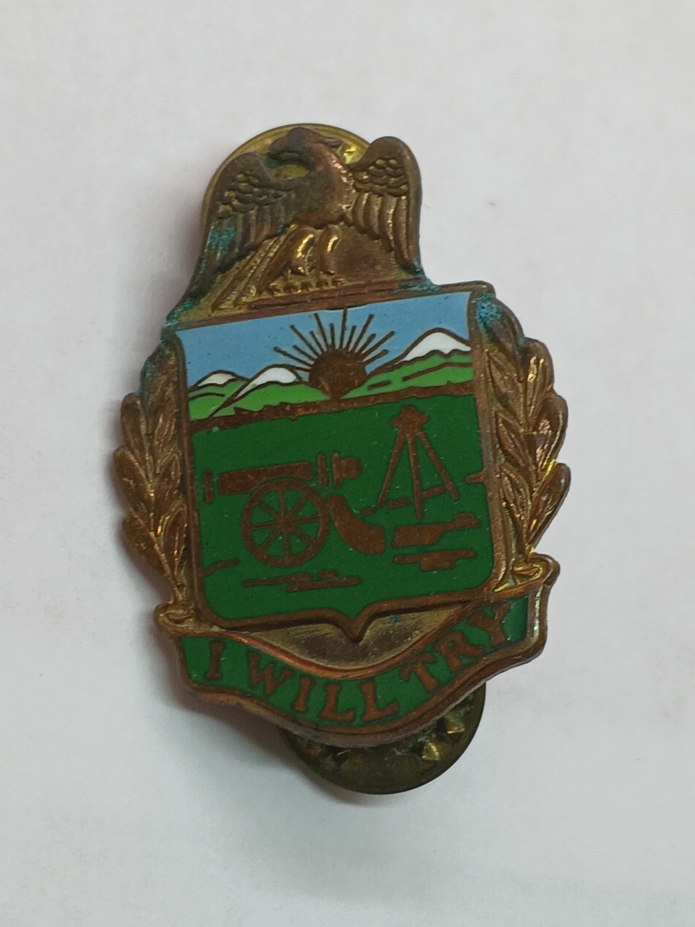 Vintage "I WILL TRY" Military Insignia Pin, N.S. Meyer Insignia - New York